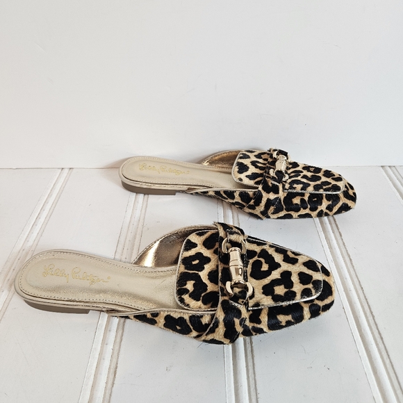 Lilly Pulitzer Andi Leopard Haircalf Mules 8.5 Gold Bit Slip-On Chic Shoes - Picture 4 of 14